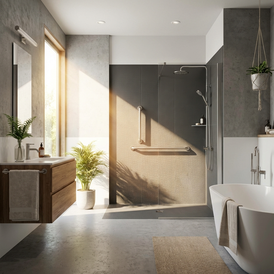 Ein modern eingerichtetes, helles Badezimmer mit einer bodengleichen Dusche, eleganten Haltegriffen aus gebürstetem Edelstahl und rutschfesten, anthrazitfarbenen Fliesen. Ein warmer Sonnenstrahl fällt durch das Fenster.