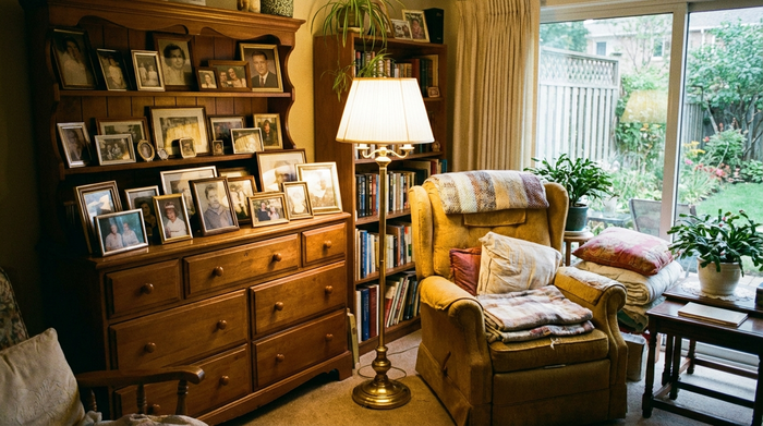 Ein gemütlich eingerichtetes Zimmer in einer Seniorenresidenz mit einem bequemen, senfgelben Ohrensessel, einer klassischen Stehlampe und gerahmten Familienfotos auf einer massiven Holzkommode.