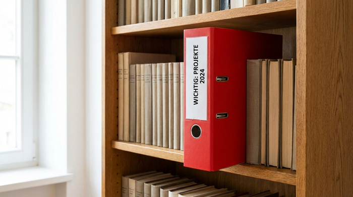 Ein markanter, leuchtend roter Aktenordner steht gut sichtbar und griffbereit in einem aufgeräumten, hölzernen Bücherregal zwischen anderen unauffälligen Büchern.