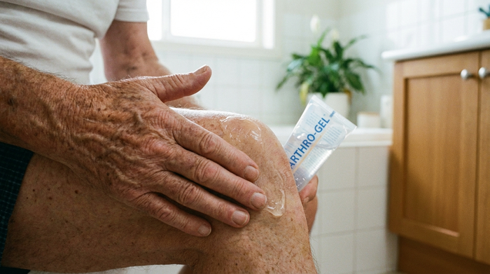 Nahaufnahme der Hände eines älteren Mannes, der behutsam ein transparentes Gel auf sein Kniegelenk aufträgt. Verschwommener Hintergrund eines sauberen Badezimmers, weiches, natürliches Licht, realistische Hauttextur, aufgeräumte Umgebung.