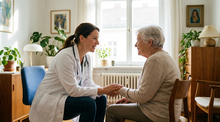 Ein einfühlsamer Arzt in weißem Kittel spricht im hellen Behandlungszimmer beruhigend mit einer älteren Patientin. Beide sitzen sich zugewandt, vertrauensvolle Stimmung, keine sichtbaren Bildschirme oder Texte im Hintergrund.