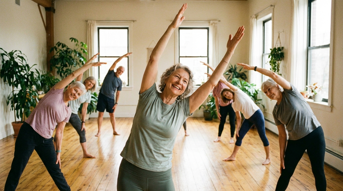 Eine aktive Seniorengruppe beim sanften Yoga oder Dehnen in einem lichtdurchfluteten Kursraum mit Holzboden. Fokus auf eine lächelnde Frau im Vordergrund, die ihre Arme sanft streckt. Sportliche, positive Stimmung.