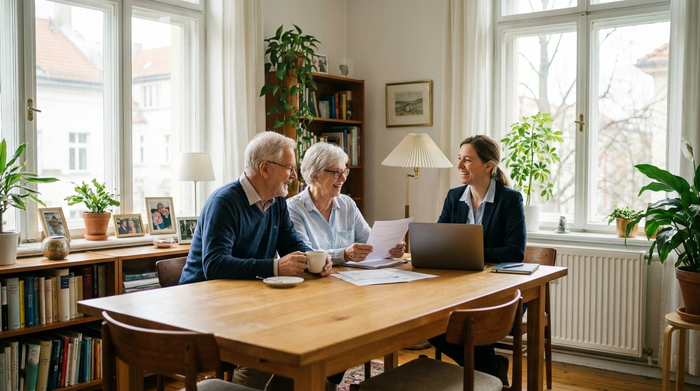 Ein älteres Ehepaar sitzt gemeinsam mit einem freundlichen Berater an einem hellen Esstisch und bespricht gut gelaunt Dokumente. Warme, vertrauensvolle Atmosphäre, natürliches Licht, aufgeräumtes Zuhause.