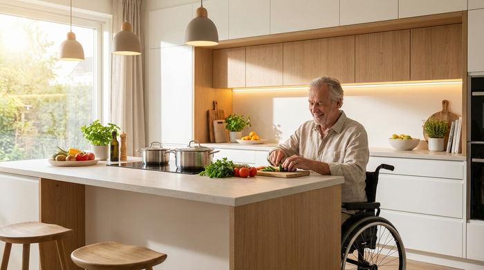 Eine moderne, helle Küche mit unterfahrbaren Arbeitsplatten. Ein älterer Herr im Rollstuhl bereitet mühelos frisches Gemüse an der Kücheninsel zu. Gemütliche und selbstbestimmte Atmosphäre, realistische Beleuchtung.