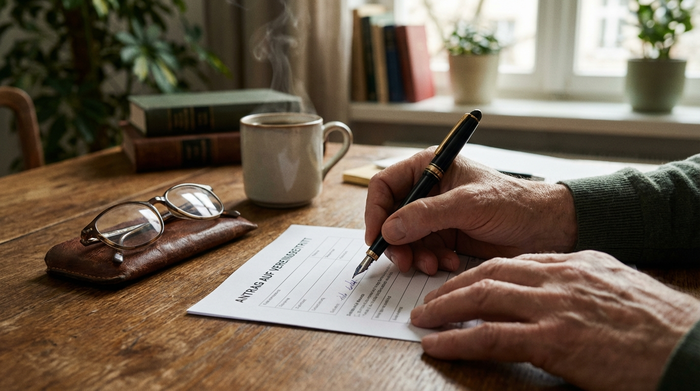 Eine Nahaufnahme von Händen, die sorgfältig ein Formular auf einem Holzschreibtisch ausfüllen, daneben liegt eine Brille und eine Tasse Kaffee. Ruhige, konzentrierte Stimmung im heimischen Arbeitszimmer.