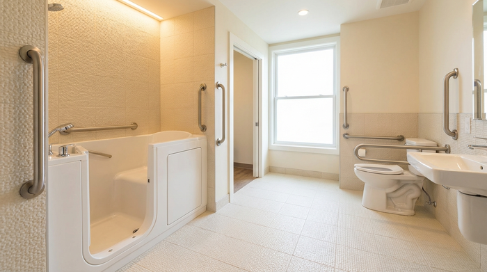 Ein sauberes, altersgerechtes Badezimmer mit rutschfesten, hellen Fliesen und stabilen Haltegriffen an der Wand neben der Badewanne. Die Szene ist gut ausgeleuchtet und strahlt absolute Sicherheit und Barrierefreiheit aus.