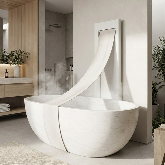 Eine moderne Badewanne mit einem eleganten, weißen Tuchlifter-System, das dezent an der Wand montiert ist. Ein breites, helles Sitzband spannt sich sicher über die Wanne.