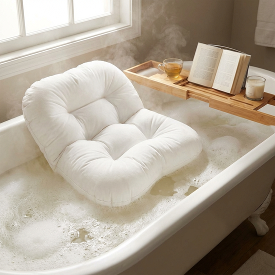 Ein prall gefülltes, weißes aufblasbares Badekissen in einer Badewanne mit warmem Wasser. Das Material sieht weich und äußerst komfortabel aus.