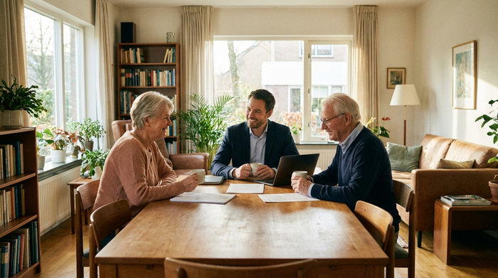Ein freundlicher Berater sitzt mit einem älteren Ehepaar an einem Holztisch im hellen Wohnzimmer. Sie besprechen entspannt Dokumente bei einer Tasse Kaffee und lächeln zuversichtlich.