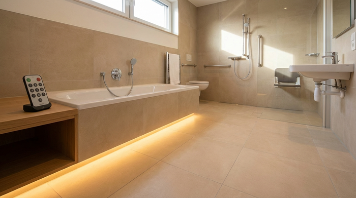 Ein modernes, barrierefreies Badezimmer mit sanfter, indirekter LED-Beleuchtung am Boden. Eine stilvolle, wasserdichte Fernbedienung mit großen Tasten liegt griffbereit auf einer Ablage neben der Wanne.
