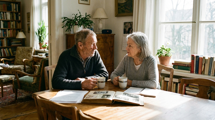 Ein älterer Herr und seine Ehefrau sitzen an einem hellen Esstisch aus Holz, schauen sich nachdenklich an und besprechen wichtige Familienangelegenheiten bei einer Tasse Kaffee. Ruhige, realistische Szene in einem gemütlichen Zuhause.