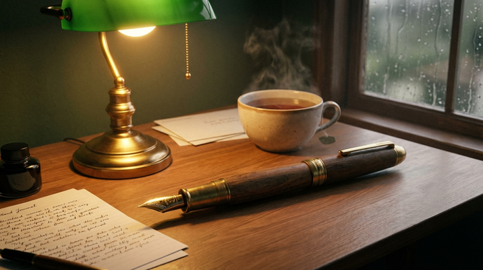 Ein eleganter Füllfederhalter liegt auf einem sauberen Holzschreibtisch neben einer Tasse Tee und einer dezenten Schreibtischlampe. Stimmungsvolles, warmes Licht, das Ruhe, Konzentration und sorgfältige Vorbereitung ausstrahlt.