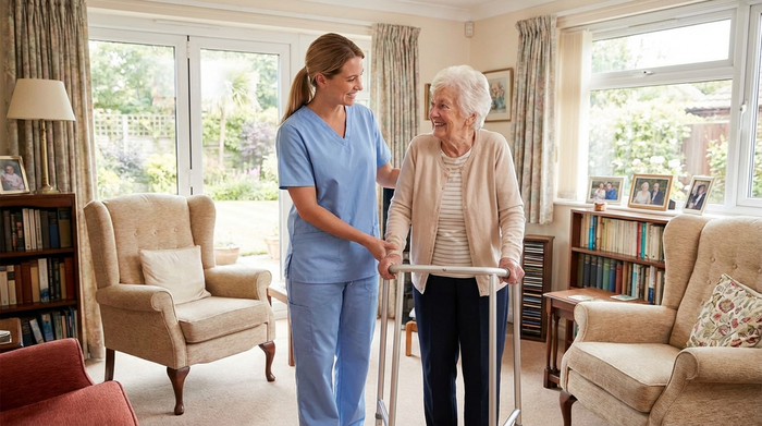 Eine freundliche Pflegekraft in hellblauer Berufskleidung stützt behutsam eine lächelnde ältere Dame beim Gehen in einem gemütlichen, barrierefreien Wohnzimmer mit großen Fenstern.