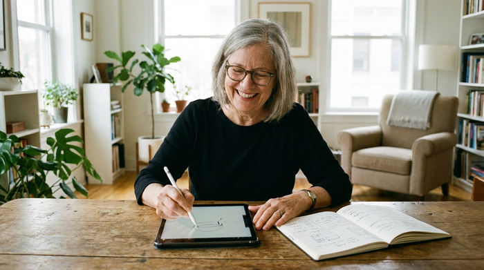 Eine ältere Dame tippt lächelnd mit einem Eingabestift auf ein Tablet, das flach auf einem Holztisch liegt. Neben ihr liegt ein aufgeschlagenes Notizbuch in einem hellen, aufgeräumten Raum.