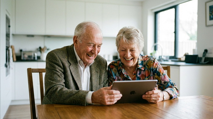Zwei Senioren sitzen zusammen am Esstisch, schauen gemeinsam auf ein Tablet und lachen herzlich. Im Hintergrund ist eine moderne, unscharfe Küche zu erkennen.
