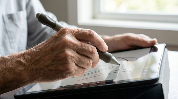 Nahaufnahme von älteren Händen, die sicher einen ergonomischen Stylus-Stift halten und ein Tablet bedienen. Klarer Fokus auf die Hände und das Gerät, weiches Tageslicht.