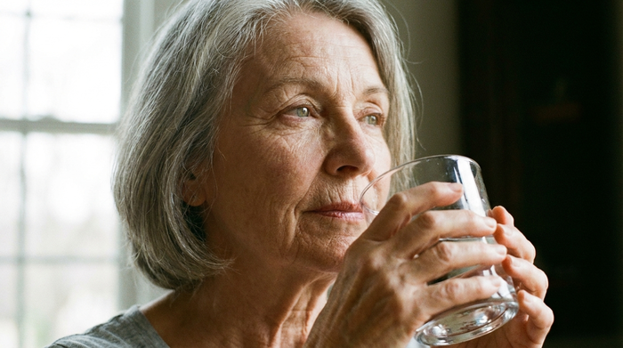 Eine Nahaufnahme einer älteren Frau, die nachdenklich ein Glas Wasser hält, weiches natürliches Licht, Fokus auf das entspannte Gesicht.