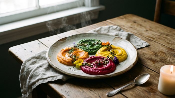 Ein schön angerichteter Teller mit farbenfrohem, püriertem Gemüse in separaten Portionen, dampfend, auf einem rustikalen Holztisch serviert.