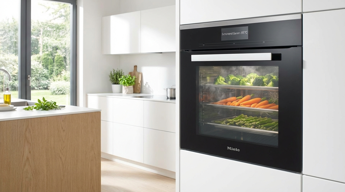 Ein moderner Dampfgarer in einer hellen Küche, in dem frisches Gemüse wie Brokkoli und Karotten schonend zubereitet wird.