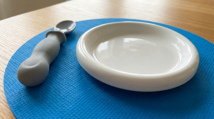 Ein ergonomisch geformter Löffel mit verdicktem Griff und ein Teller mit erhöhtem Rand, platziert auf einer rutschfesten blauen Unterlage.