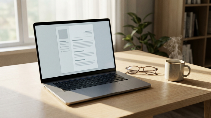 Ein moderner Laptop steht auf einem aufgeräumten, hellen Holztisch. Auf dem Bildschirm ist ein leeres, professionell wirkendes Dokumentenlayout ohne lesbaren Text zu erahnen. Daneben liegen eine stilvolle Lesebrille und eine Tasse dampfender Kaffee in friedlicher Morgenstimmung.