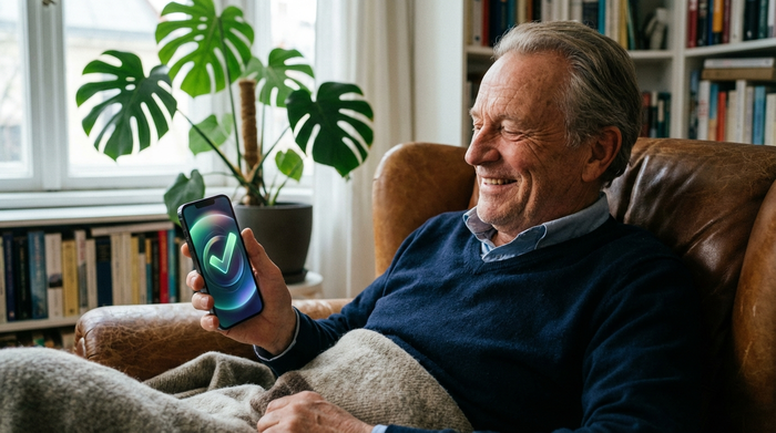 Ein älterer Herr hält ein modernes Smartphone in der Hand, auf dem eine abstrakte Gesundheits-App mit einem stilisierten grünen Haken leuchtet. Er sitzt zufrieden und entspannt in einem weichen Sessel. Im Hintergrund ist unscharf eine gemütliche Zimmerpflanze zu erkennen.