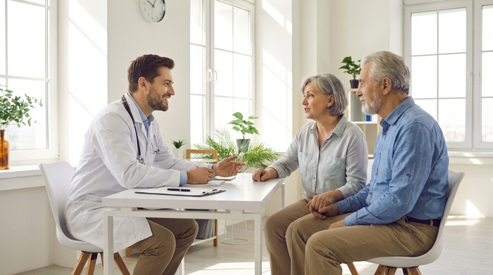 Ein empathischer Arzt in einem weißen Kittel sitzt am Schreibtisch einer hellen, modernen Praxis und führt ein ruhiges, zugewandtes Gespräch mit einem älteren Ehepaar. Die Körpersprache aller Personen drückt Vertrauen und Verständnis aus.