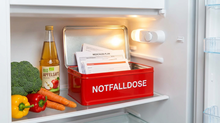 Eine geöffnete, signalrote Notfalldose steht gut sichtbar in einem sauberen, hell erleuchteten Kühlschrank direkt neben frischem Gemüse und einer Flasche Saft. Das Licht im Kühlschrank setzt die Dose deutlich in den Fokus.