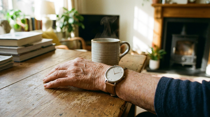 Nahaufnahme einer eleganten, schlichten Smartwatch am Handgelenk eines älteren Menschen. Die Hand ruht auf einem Holztisch neben einer warmen Teetasse. Gemütliche, helle Wohnzimmeratmosphäre im Hintergrund.