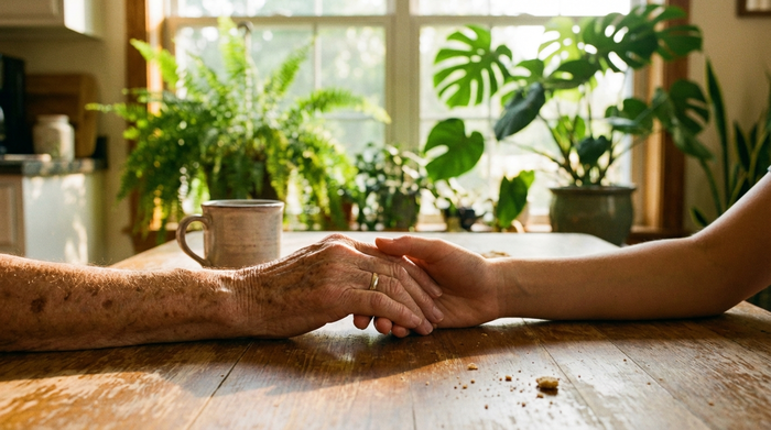 Zwei Hände, eine jung und eine alt, halten sich vertrauensvoll. Sie sitzen gemeinsam an einem hellen Küchentisch. Im Hintergrund verschwommen ein sonniges Fenster mit grünen Zimmerpflanzen.