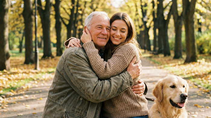 Eine jüngere Frau umarmt einen älteren Herrn liebevoll auf einem von Bäumen gesäumten Gehweg im Park. Beide lächeln erleichtert. Die Szene strahlt tiefe Geborgenheit und Sicherheit aus.