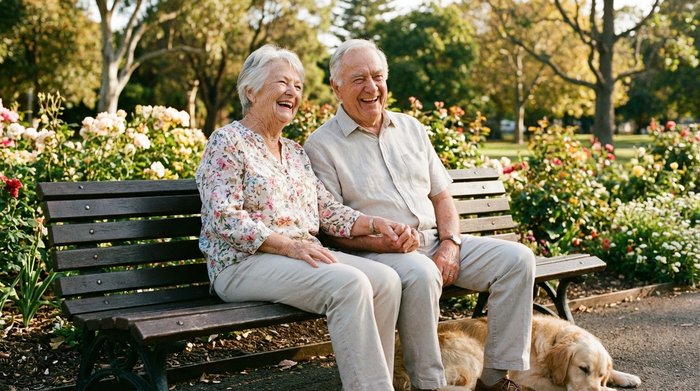 Ein gesundes, vitales älteres Paar sitzt entspannt auf einer Parkbank und genießt die Sonne. Fotorealistisch, helle Farben, harmonische Stimmung ohne Text.