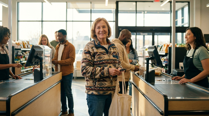 Eine ältere Frau steht entspannt lächelnd an einer Supermarktkasse, in Alltagskleidung, helle und freundliche Beleuchtung, realistische Szenerie ohne Text.