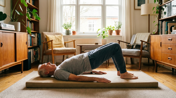 Ein fitter Senior liegt auf einer weichen Gymnastikmatte im hellen Wohnzimmer und macht eine leichte Brückenübung. Ruhige, gemütliche Atmosphäre, fotorealistisch.