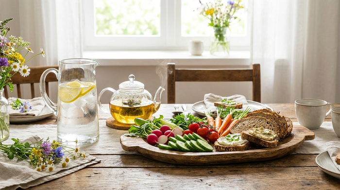 Ein ansprechend angerichteter Esstisch mit einem großen Glas frischem Wasser, einer Kanne Kräutertee und einem Teller mit frischem Gemüse und Vollkornbrot. Helles Tageslicht.