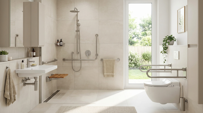 Ein helles, modernes und barrierefreies Badezimmer mit einer bodengleichen Dusche und eleganten Haltegriffen. Sauber, sicher und komfortabel eingerichtet, fotorealistisch.