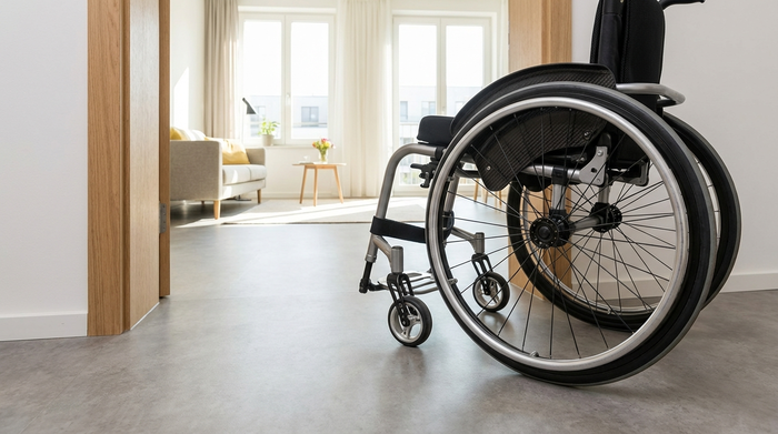 Nahaufnahme eines modernen, breiten Türdurchgangs ohne Schwelle in einer hellen Wohnung. Ein manueller Rollstuhl steht teilweise im Bild, um die großzügige Durchgangsbreite zu demonstrieren. Der Boden ist mit elegantem, fugenlosem Vinyl ausgelegt.