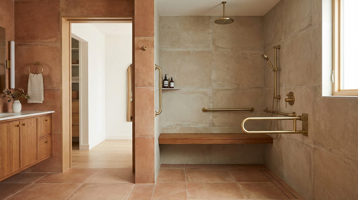 Ein stilvolles, barrierefreies Badezimmer mit einer großen, bodengleichen Dusche. An der Wand sind elegante, klappbare Haltegriffe und ein bequemer Duschsitz montiert. Rutschfeste, großformatige Fliesen in warmen Erdtönen sorgen für Sicherheit und Gemütlichkeit.