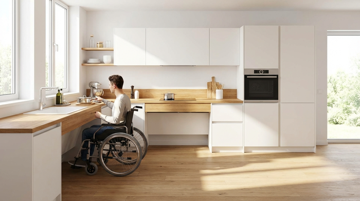 Eine moderne, rollstuhlgerechte Küche mit unterfahrbaren Arbeitsplatten und einer flachen Spüle. Der Backofen ist auf bequemer Greifhöhe in einen Hochschrank integriert. Die Küche erstrahlt in hellem Weiß mit Arbeitsplatten aus warmem Eichenholz.