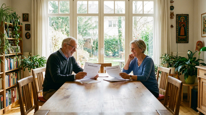 Ein älteres Ehepaar sitzt entspannt an einem Esstisch und bespricht lächelnd Dokumente. Die Umgebung ist ein gemütliches, gut beleuchtetes Esszimmer mit großen Fenstern. Die Atmosphäre ist positiv, optimistisch und voller Erleichterung.