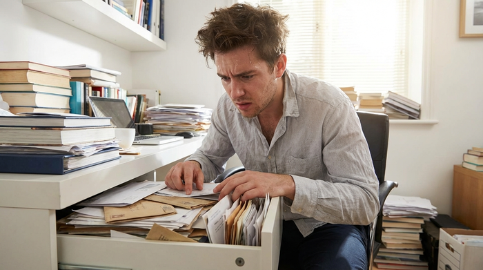 Ein besorgter junger Mann sucht hektisch in einer unordentlichen Schreibtischschublade voller Papiere in einem gut beleuchteten Arbeitszimmer.