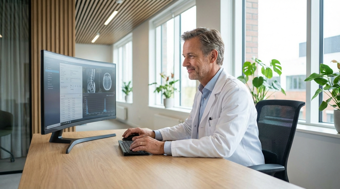 Ein freundlicher Arzt in weißem Kittel sitzt an einem modernen Schreibtisch in einer hellen Klinik und blickt konzentriert auf einen Computermonitor.