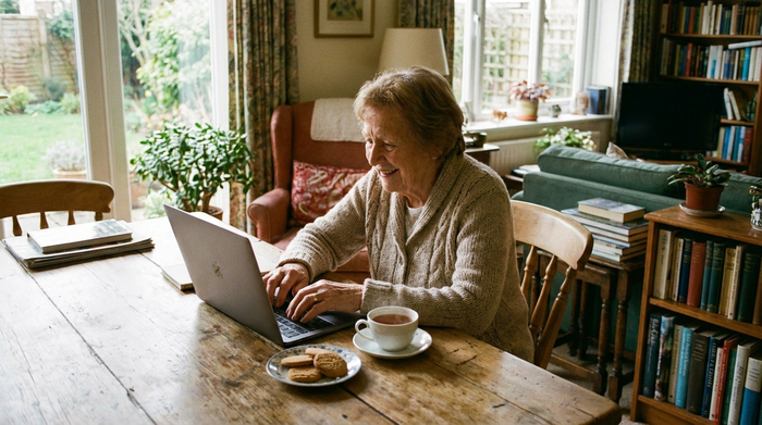 Eine ältere Dame sitzt entspannt mit einer Tasse Tee an einem Holztisch und tippt lächelnd auf einem modernen Laptop.