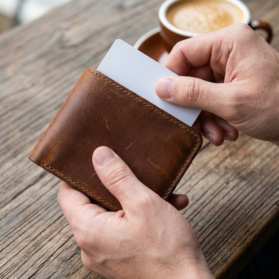 Eine Nahaufnahme von gepflegten Händen, die eine weiße Plastikkarte in ein braunes Lederportemonnaie stecken, im Hintergrund ein unscharfer Holztisch.