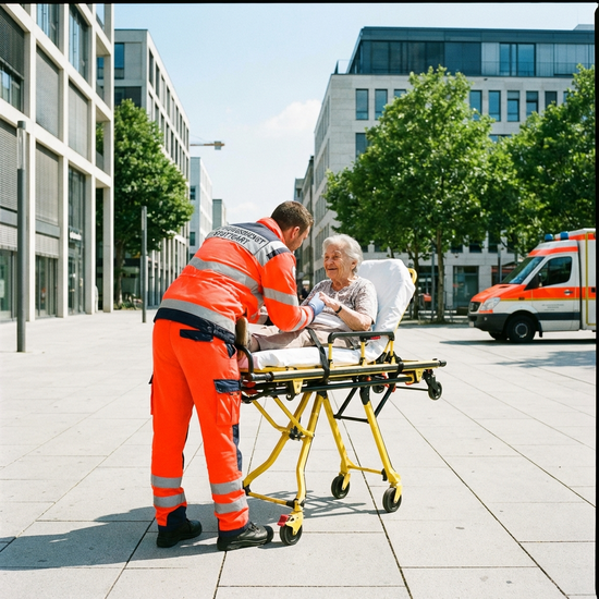 Ein Rettungssanitäter in leuchtender Uniform beugt sich beruhigend zu einer älteren Person auf einer Trage in einer sauberen städtischen Umgebung.