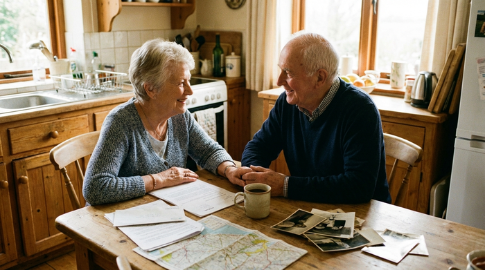 Ein älteres Ehepaar sitzt entspannt am Küchentisch und lächelt sich glücklich an, während sie gemeinsam Dokumente durchgehen. Eine Tasse Kaffee steht auf dem Tisch, warme und positive Stimmung in einem gemütlichen Zuhause.