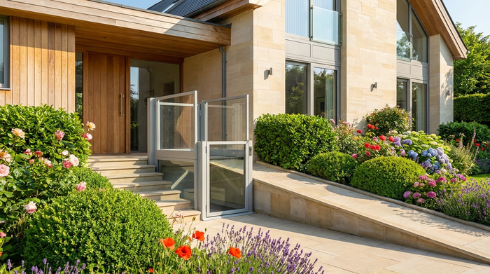 Eine moderne, barrierefreie Hausfassade mit einem dezenten Außenlift neben der Eingangstreppe. Umgeben von gepflegten grünen Büschen und bunten Blumen an einem sonnigen Tag.