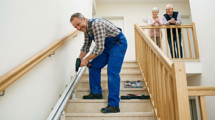 Ein freundlicher Handwerker in sauberer Arbeitskleidung montiert sorgfältig mit einem Werkzeug die Schiene eines Treppenlifts auf einer hellen Steintreppe. Professionelle und vertrauenserweckende Szene bei der Installation.