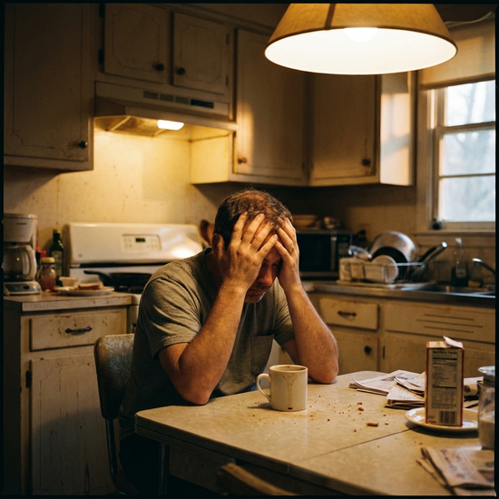 Ein nachdenklicher, erschöpfter Mann mittleren Alters sitzt am Küchentisch und stützt den Kopf in die Hände. Eine Tasse Kaffee steht vor ihm. Warmes, gedimmtes Licht, realistische häusliche Umgebung ohne Text.