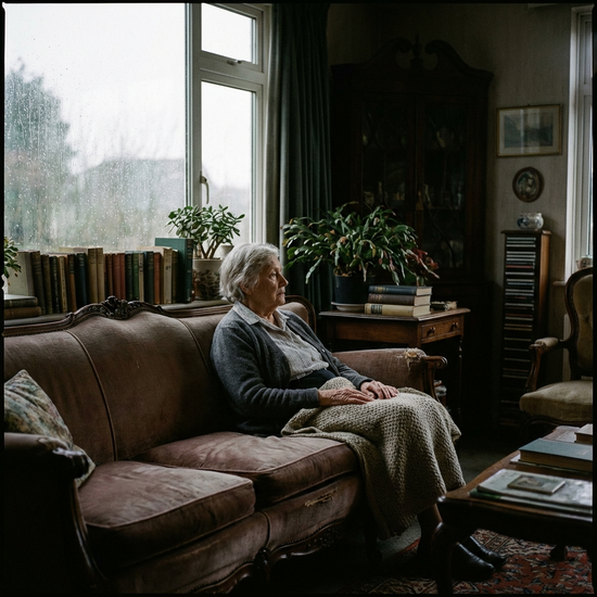 Eine ältere Frau sitzt allein in einem gemütlichen, aber schattigen Wohnzimmer auf dem Sofa und blickt aus dem Fenster. Ruhige, leicht melancholische Stimmung, realistische Fotografie.
